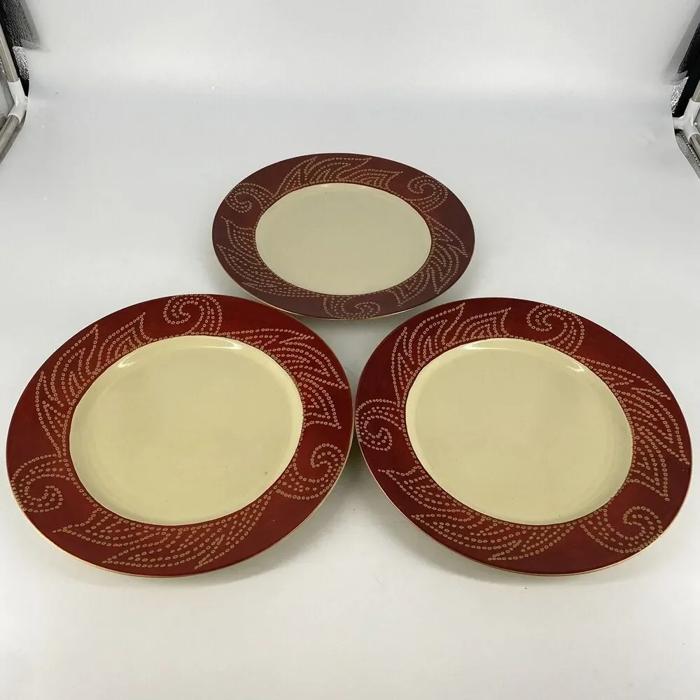 Set of 3 Pier 1 Matira Red Scroll Rim Dinner Plates 10.5” Stoneware